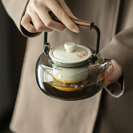 雅梅・煙 耐熱ガラス ティーポット ガラス急須 陶磁器の茶こし ガラスティーポット 小 グレー 平型 550ml 耐熱ティーポット ガラスポット 紅茶ポット だし汁ポット だし茶漬け お酒 湯煎ジャグ 木製持ち手 水差しポット お茶ポット 茶器 直火 母の日 プレゼント IwaiLoft