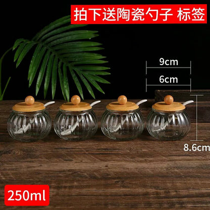 ?味料をおしやれにストック カボチャ ガラス 調味料入れ スプーン付き 竹蓋 天然竹 透明 調味料ポット スパイスジャー 単品 2個 3個 4個 セット ナチュラル かわいい  砂糖入れ 塩入れ 密閉保存容器 調味料ケース キャニスター おしゃれ キッチン収納 台所 プレゼント