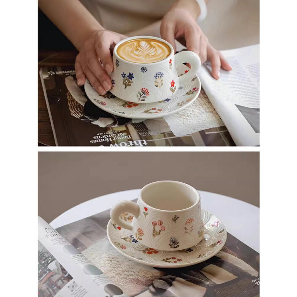 美しい 花柄 マグカップ＆プレート 白陶器 コップ カップ マグ ソーサー セット  洋食器 コーヒー 紅茶  レストラン 北欧 食器 皿 レトロ 和食器 ナチュラル レトロ デザイン おしゃれ ペアマグ 喫茶店 誕生日 プレゼント お祝い 内祝 結婚祝い 出産祝 引越し iwailoft