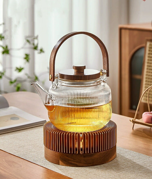 モール ガラスティーポット  900ml ガラスケトル 耐熱 ガラス ティーポット 木  ティーウォーマー 保温 キャンドルウォーマー おしゃれ ガラスポット 大容量 紅茶ポット ガラス 急須 透明 アフタヌーンティー 茶芸 フルーツティー 花茶 母の日 プレゼント IwaiLoft