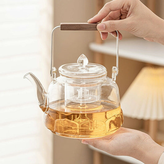 蓮の花・沈着 耐熱ティーポット ガラス 1000ml 1L ガラスティーポット 耐熱ガラス やかん 薬膳 木製の持ち手 大容量 煮出し 湯沸かし器 薬膳ポット 蓮 はす グレー 透明 ジャンピング 紅茶ポット 蒸茶 煮茶 に 直火 母の日 ギフト お茶のある暮らし お茶の時間IwaiLoft