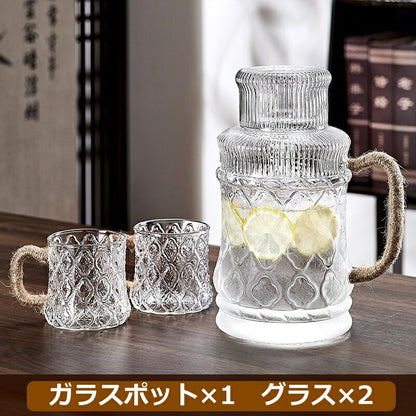 IwaiLoft 美しい佇まい フローラガラス 冷水筒 スリムジャグ ガラスサーバー ガラスポット ピッチャー 2200ml 2.2L 大容量 熱湯 麦茶ポット 麻ロープ 麻縄 麻紐 麻ひも ウォーターピッチャー ウォーターカラフェ 小 透明 ジャグ 水差し ドリンクピッチャー ピクルスポット