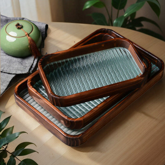 IwaiLoft トレー モール ガラストレイ カフェトレー ガラス 木製 お盆 おしゃれ ガラス ティートレー お家カフェ インテリア 小物入れ 茶道具 中国茶器 茶盤 コースター