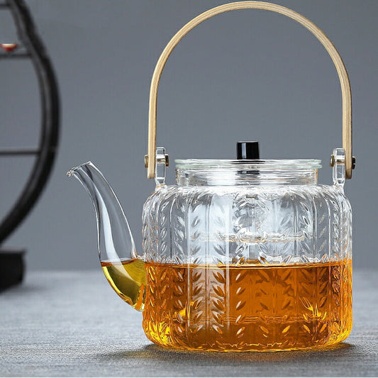 麦の穂 ムギノホ やかん 耐熱ガラス ティーポット ダブル茶こし付き 大容量 1000ml 天然素材持ち手 湯沸かし 透明 ガラスティーポット ガラス製ポット ガラス急須 ジャンピング 紅茶ポット フルーツティー 花茶 工芸茶 蒸茶 煮茶 に ガラス急須 直火可 送料無料 IwaiLoft