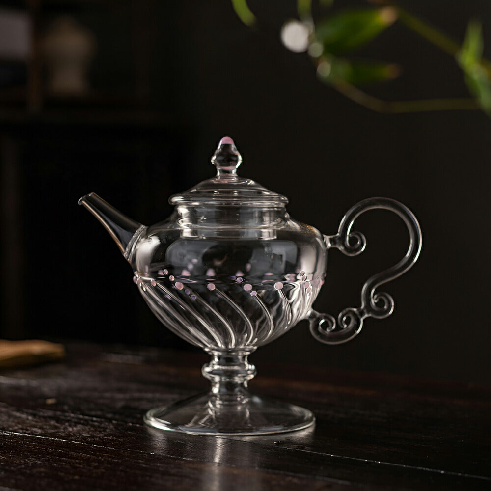 IwaiLoft 十卿 Glass Art 工芸作家作品 耐熱ガラス 夢 ティーポット 高台 ガラス 急須 430ml  ガラス製ポット 紅茶ポット お茶ポット ガラスポット 花茶 工芸茶 ハーフティー に健康茶器 アフターティー お家ティータイム  母の日プレゼント 化粧箱付き