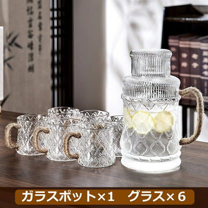 IwaiLoft 美しい佇まい フローラガラス 冷水筒 スリムジャグ ガラスサーバー ガラスポット ピッチャー 2200ml 2.2L 大容量 熱湯 麦茶ポット 麻ロープ 麻縄 麻紐 麻ひも ウォーターピッチャー ウォーターカラフェ 小 透明 ジャグ 水差し ドリンクピッチャー ピクルスポット