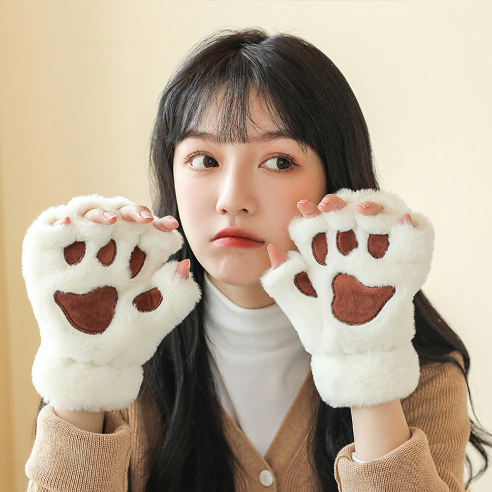 ネコ肉球 手袋 かわいい 暖かい 防寒 冬 ミトン 指なし もこもこ 女性 レディース 冬物 手袋 スマートフォン対応　秋冬 防風 防寒 学生 通勤 通学 自転車 アウトドア ファー 暖かい イベント ミトン手袋「選べる福袋対象」kiyokyou