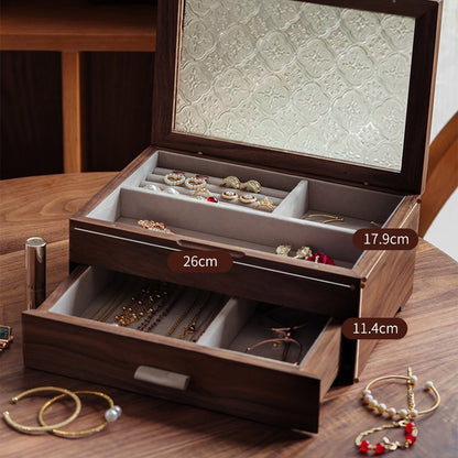 大切な物を美しいウッドケースに！ジュエリーボックス アクセサリーケース 大容量 仕切り調整 2段 木製 ウールナット ガラス ウッドケース おしゃれ 高級 宝石箱アクセサリー 収納 ケース 指輪 リング/ピアス/ネックレス/メガネ/時計収納 小物収納 玄関 IwaiLoft