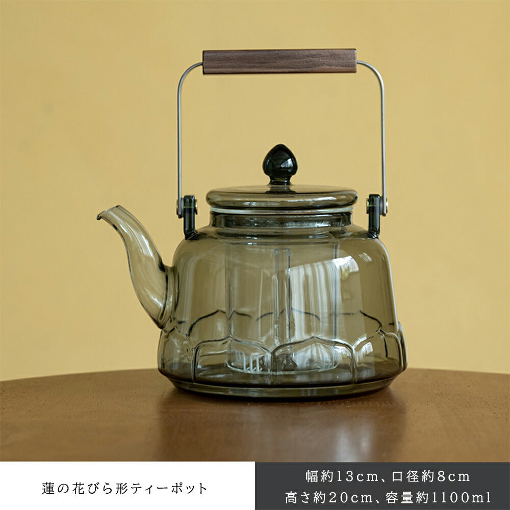 蓮の花びら形ティーポット 耐熱ガラス やかん ダイヤモンド型の取っ手 蓮華型 ティーポット グレー＆透明 湯沸かし器 1100ml 大容量 ヤカンの代わりに ガラス ポット 手作り 持ちやすい ジャンピング 紅茶ポット フルーツティー 花茶 工芸茶 ハーフティー【直火可】IwaiLoft