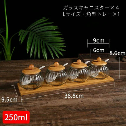 ?味料をおしやれにストック カボチャ ガラス 調味料入れ スプーン付き 竹蓋 天然竹 透明 調味料ポット スパイスジャー 単品 2個 3個 4個 セット ナチュラル かわいい  砂糖入れ 塩入れ 密閉保存容器 調味料ケース キャニスター おしゃれ キッチン収納 台所 プレゼント
