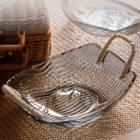 IwaiLoft 藤の持ち手 ガラスの盛り鉢 盛器 ラス盛り鉢 洋食器 ガラス 大鉢 大皿 盛鉢 手付お皿 ガラス鉢 アイスペール 硝子 平皿 菓子鉢 ガラスの器 ボウル 鉢 平鉢 めん鉢 ひやむぎ ガラスボウル 冷麺鉢