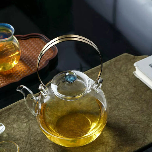 輝く星空 まんまる ティーポット 透明 耐熱ガラス やかん 1100ml 大容量 煮出し 湯沸かし器 薬膳ポット 蓋に星空 銅製 真鍮製持ち手 丸い ガラスティーポット ジャンピング 紅茶ポット フルーツティー 花茶 工芸茶 蒸茶 煮茶 に 直火 母の日 ギフト IwaiLoft