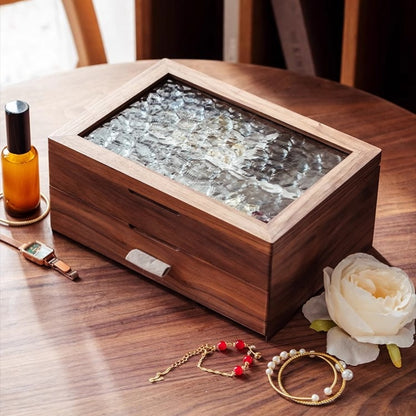 大切な物を美しいウッドケースに！ジュエリーボックス アクセサリーケース 大容量 仕切り調整 2段 木製 ウールナット ガラス ウッドケース おしゃれ 高級 宝石箱アクセサリー 収納 ケース 指輪 リング/ピアス/ネックレス/メガネ/時計収納 小物収納 玄関 IwaiLoft