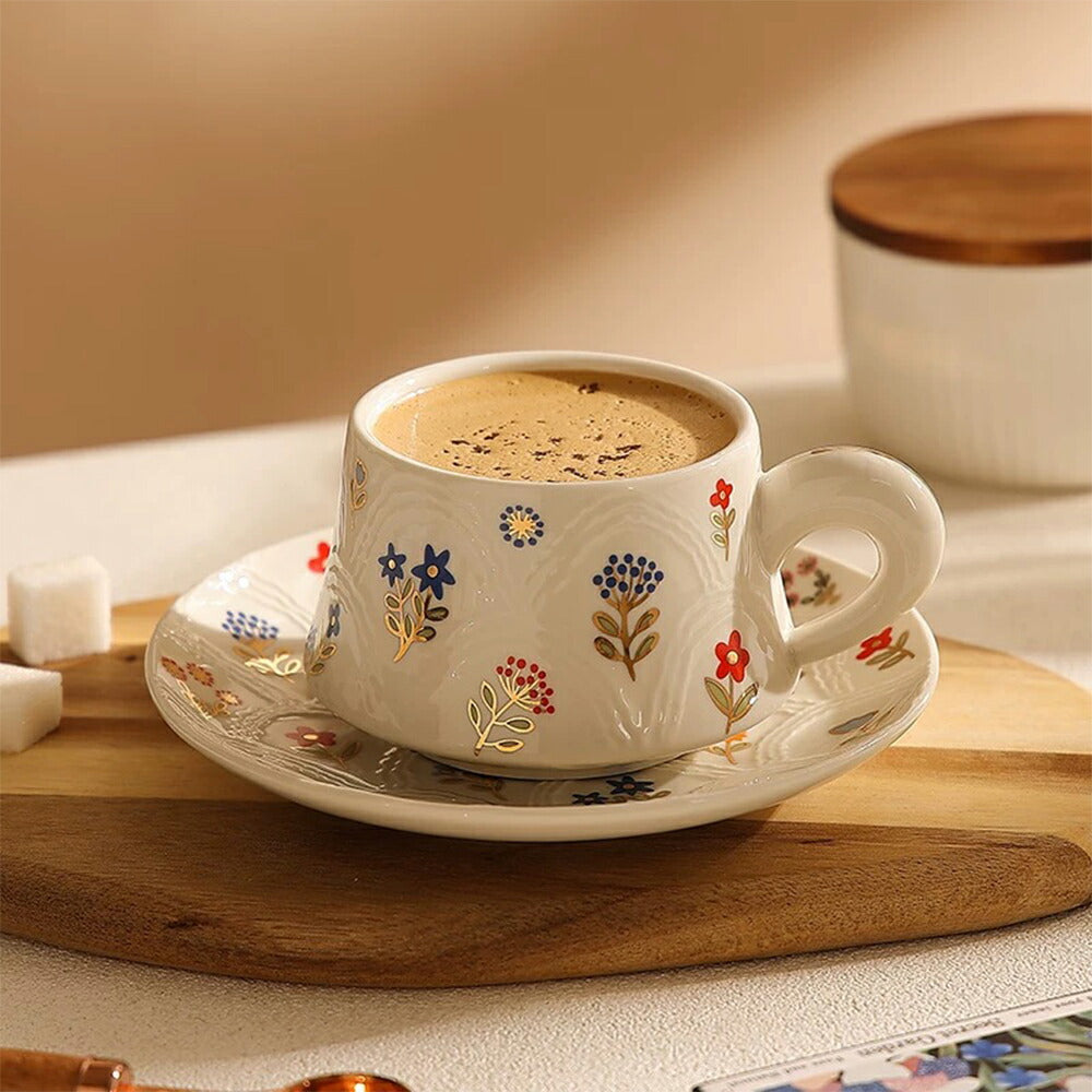 美しい 花柄 マグカップ＆プレート 白陶器 コップ カップ マグ ソーサー セット  洋食器 コーヒー 紅茶  レストラン 北欧 食器 皿 レトロ 和食器 ナチュラル レトロ デザイン おしゃれ ペアマグ 喫茶店 誕生日 プレゼント お祝い 内祝 結婚祝い 出産祝 引越し iwailoft