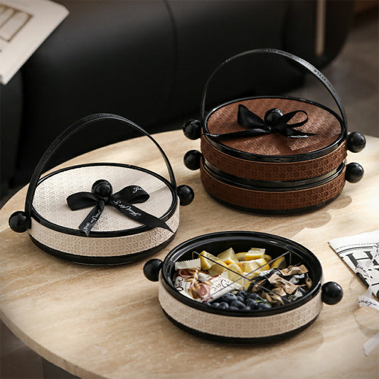 モダンな表情 フルーツバスケット お菓子入れ ボウル 卓上回転トレー 360回転式  北欧 丸型 小物入れ 皿 お菓子･果物収納かご フルーツ入れ フルーツボウル おしゃれ ハンドル付き 1段 2段 陶磁器 PUレザー キッチン 北欧 食器 パーティー おしゃれ 新生活 IwaiLoft