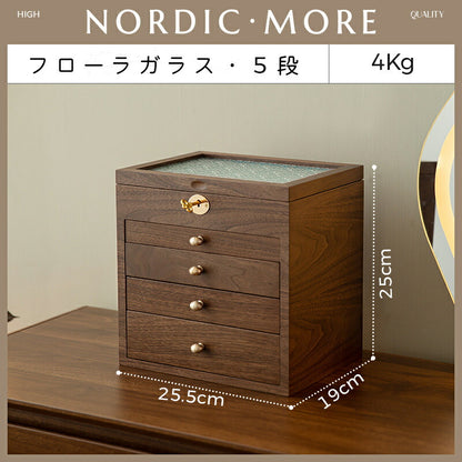 鍵付き ジュエリーボックス アクセサリーケース 木製 フローラガラス 仕切り調整 2段 3段 大容量 銘木 ウールナット 透明 窓付き ガラス ウッドケース ロック機能 おしゃれ 宝石箱 アクセサリー 収納ケース 指輪 リング ピアス/ネックレス/メガネ/時計収納 母の日 プレゼント