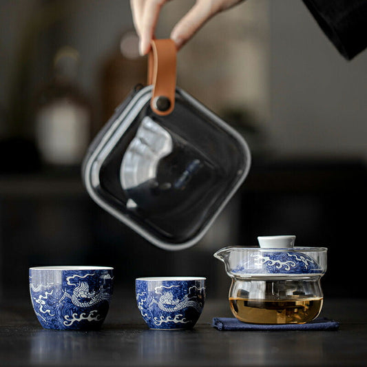 IwaiLoft 龍 2客 茶器セット 宝瓶 蓋碗 ガラス サーバー 湯冷まし 品茗杯 茶杯 湯?み 小 白磁 茶器 磁器 ホワイト 白い食器 ティーポット セット ティーカップ 中国茶器 台湾茶器 旅用 アウトドア 父の日 母の日 プレゼント