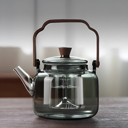 IwaiLoft 耐熱ガラス ティーポット ダブル茶こし付き 木製持ち手 グレー ガラス製ポット ガラス急須 ジャンピング 紅茶ポット フルーツティー 花茶 工芸茶 蒸茶 煮茶 に ガラス急須 直火可 送料無料