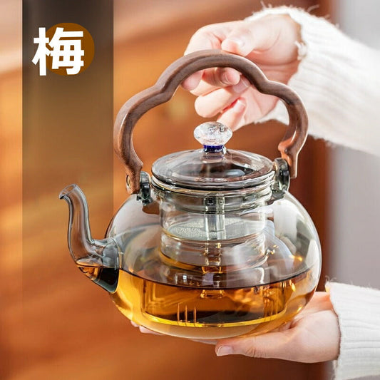 梅・星空 耐熱ガラス ティーポット 1000ml ガラスケトル やかん ガラスティーポット ステンレス製 茶こし付き 木 持ち手 ウールナット ガラス製ポット ガラス急須 ジャンピング 紅茶ポット フルーツティー 花茶 工芸茶 ハーフティー に ガラス急須 直火可 IwaiLoft