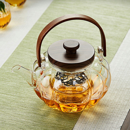 葵花 耐熱ガラス ティーポット 900ml ガラスティーポット 茶こし付き 木の持ち手 ウールナット  ガラスポット 茶器 ガラス急須 ジャンピング 紅茶ポット お茶 保温 直火可 母の日 プレゼント IwaiLoft