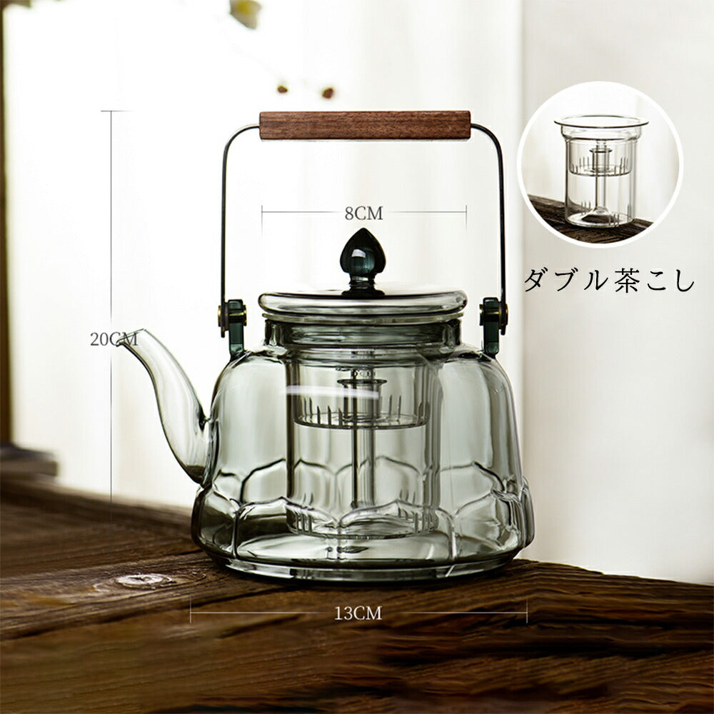 蓮の花びら形ティーポット 耐熱ガラス やかん ダイヤモンド型の取っ手 蓮華型 ティーポット グレー＆透明 湯沸かし器 1100ml 大容量 ヤカンの代わりに ガラス ポット 手作り 持ちやすい ジャンピング 紅茶ポット フルーツティー 花茶 工芸茶 ハーフティー【直火可】IwaiLoft