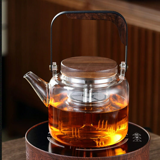 新型 美 耐熱ガラス ティーポット 1000ml ガラスケトル やかん ガラスティーポット ステンレス製 茶こし付き 木 持ち手 木製蓋 ウールナット ガラス製ポット ガラス急須 ジャンピング 紅茶ポット フルーツティー 花茶 工芸茶 ハーフティー に ガラス急須 直火可 IwaiLoft