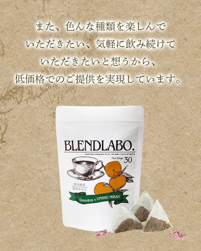 フレーバーティー 岡山緑茶 ピーチ│ゆずレモン│メロンボール│温州みかん│マスカット│青リンゴ 送料無料 ティーバッグ 30包 ふくちゃ 緑茶 国産 Blend LABO. ふくちゃ