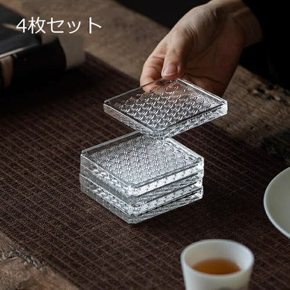 【波紋様】IwaiLoft コースター ガラス 丸型 円型 角型 四方 豆皿 茶托 おしゃれ ソーサー 受け皿 小皿 ミニ トレー トレイ アクセサリー収納 小物入れ 茶道具 ガラス ティートレー お家カフェ テーブルウエア プレゼント ギフト
