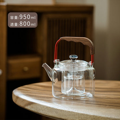 IwaiLoft 耐熱ティーポット ガラス 950mL ヤカン 湯沸かし 蓋に星空  北欧 木製持ち手 茶こし付き おしゃれ ガラス急須 ジャンピング 紅茶ポット フルーツティー 麦茶 お茶 蒸茶 煮茶 に ガラス急須 直火可 プレゼント ギフト