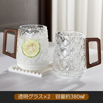 IwaiLoft 美しい佇まい 耐熱ガラス 350ml グラス ガラスマグ ガラスカップ コップ コーヒーカップ コーヒーマグ かわいい モーニングカップ ティーグラス 冷茶グラス 結露しにくい 電子レンジOK カフェコーヒー器具 来客用 誕生日プレゼント お祝い 木の持ち手