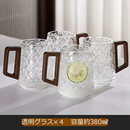 IwaiLoft 美しい佇まい 耐熱ガラス 350ml グラス ガラスマグ ガラスカップ コップ コーヒーカップ コーヒーマグ かわいい モーニングカップ ティーグラス 冷茶グラス 結露しにくい 電子レンジOK カフェコーヒー器具 来客用 誕生日プレゼント お祝い 木の持ち手