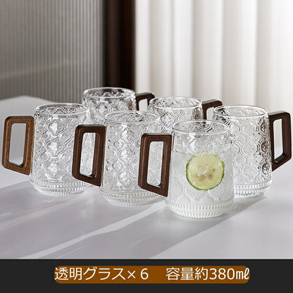 IwaiLoft 美しい佇まい 耐熱ガラス 350ml グラス ガラスマグ ガラスカップ コップ コーヒーカップ コーヒーマグ かわいい モーニングカップ ティーグラス 冷茶グラス 結露しにくい 電子レンジOK カフェコーヒー器具 来客用 誕生日プレゼント お祝い 木の持ち手