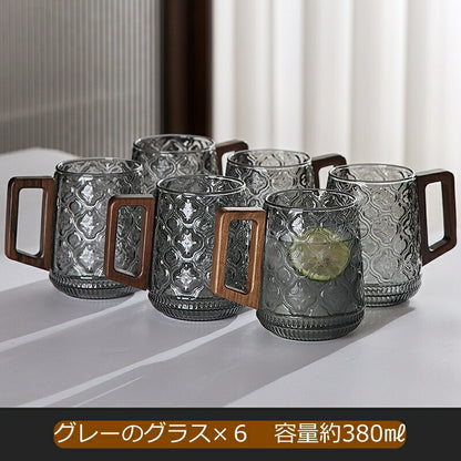 IwaiLoft 美しい佇まい 耐熱ガラス 350ml グラス ガラスマグ ガラスカップ コップ コーヒーカップ コーヒーマグ かわいい モーニングカップ ティーグラス 冷茶グラス 結露しにくい 電子レンジOK カフェコーヒー器具 来客用 誕生日プレゼント お祝い 木の持ち手