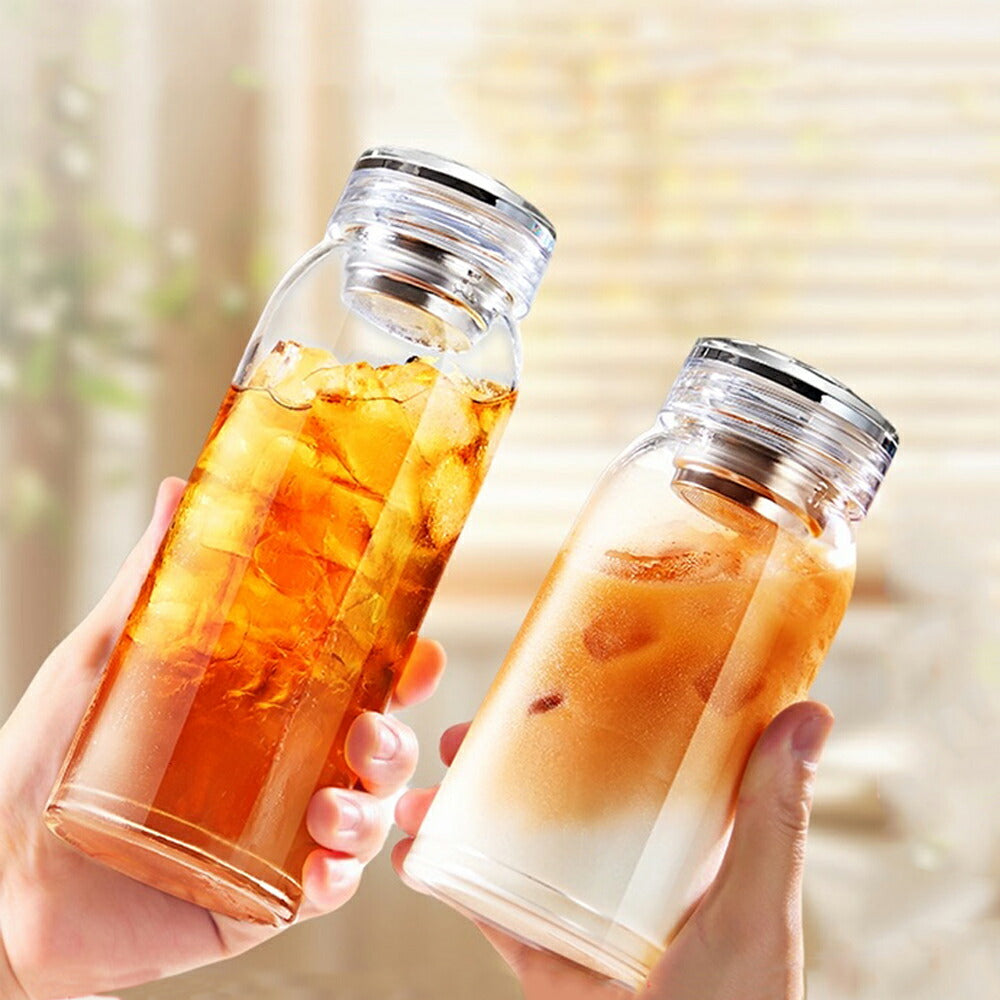 IwaiLoft 密封性NO.1 アイスコーヒーウォーターボトル 304ステンレス製 フィルター付き 耐熱ガラス水筒 シンプル ins風  マイボトル  ピッチャー 直飲み クリアボトル 持ち運び こぼれない ボトル ジュース 麦茶 紅茶 ガラス水筒  梅酒保存 アウトドア 登山 通勤 スポーツ用