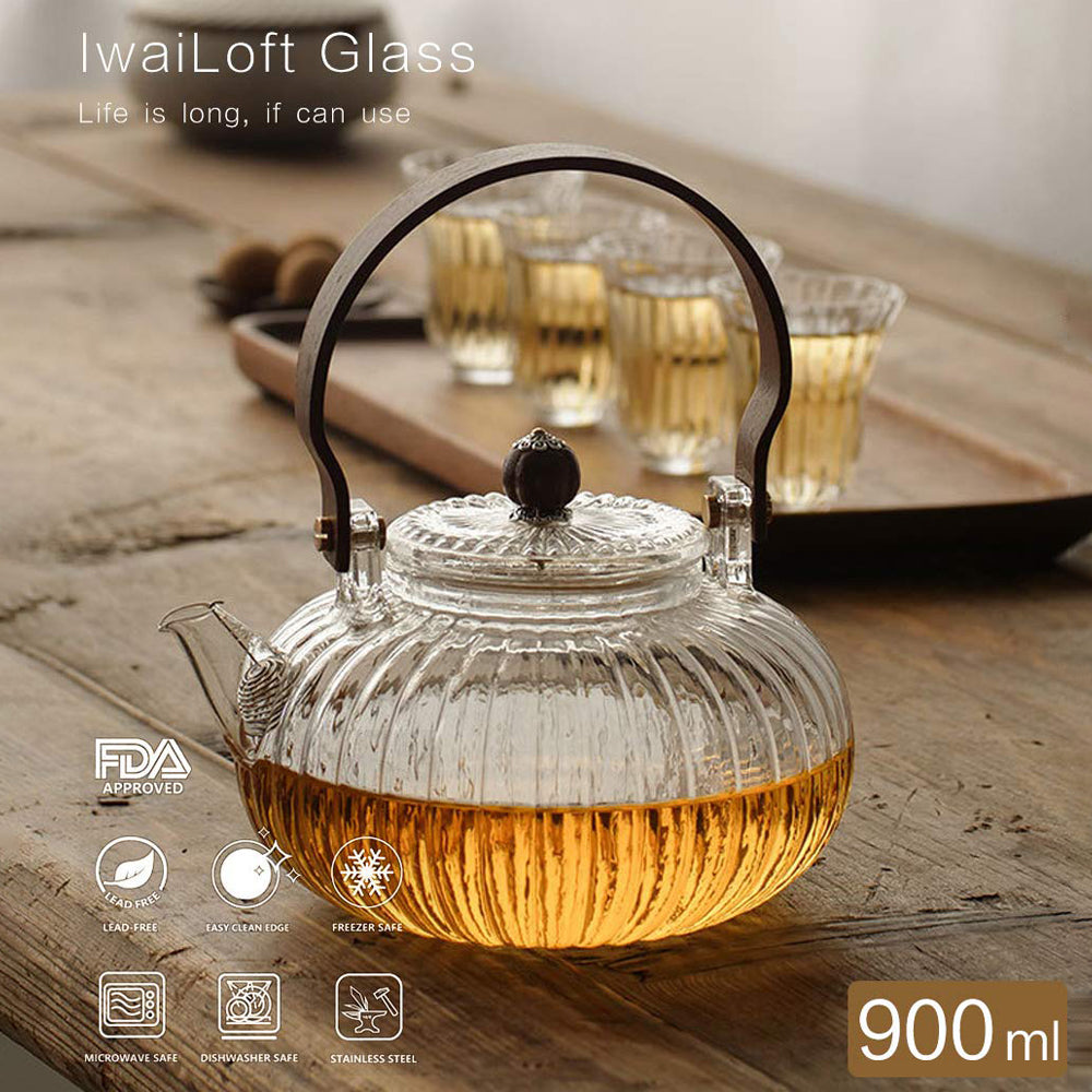 送料無料 IwaiLoft 贅 耐熱ガラス ティーポット 茶こし付き クルミ持ち手 ガラス製ポット ガラス急須 ジャンピング 紅茶ポット フルーツティー 花茶 工芸茶 ハーフティー に ガラス急須 直火可 (さきそめ, 900mL)