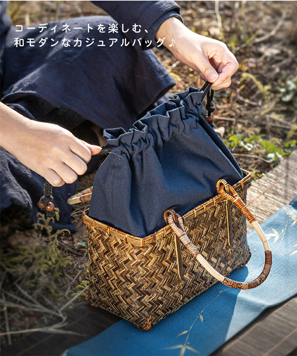 作品 a職人手作り 竹編みバッグ 小物入れ籠 ハンドバッグ 内布付き