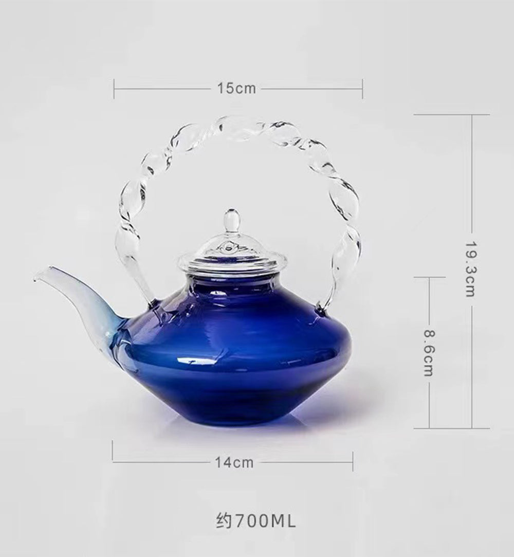 IwaiLoft 手作り 耐熱ガラス ティーポット 600mL 茶こし付き ガラス製ポット 透明 Klein Blue 紅茶ポット フルーツティー 花茶 台湾茶 ハーフティー に ガラス急須 健康茶器【直火可】【送料無料】