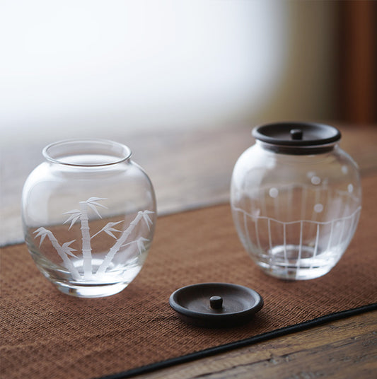 IwaiLoft 手作り ガラスキャニスター 耐熱ガラス 高級 茶筒 茶入 木製蓋 茶道具 茶室 彫刻 お菓子 茶葉 保存容器 防湿保存 Glass Canister 出しっぱなしでサマになる。おしゃれで実用的な「保存容器」たち