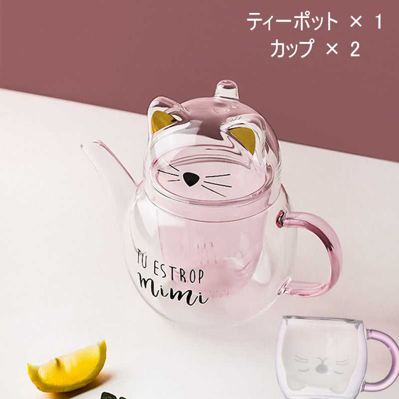 IwaiLoft Handmade Heat Resistant Glass Teapot with Tea Strainer Glass Pot Jumping Tea Pot Fruit Tea Leaf Tea Flower Tea Craft Tea Half Tea Direct Fireable Large Capacity IL-G1968 (Meow Cat, 600mL)